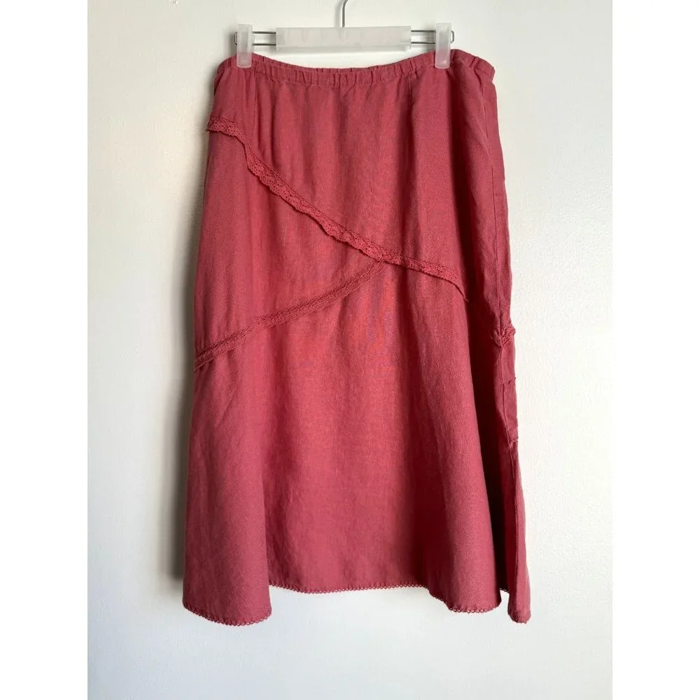 J Jill Womens A-Line Linen Skirt Size Medium Red Pink Lace Trim Cottagecore